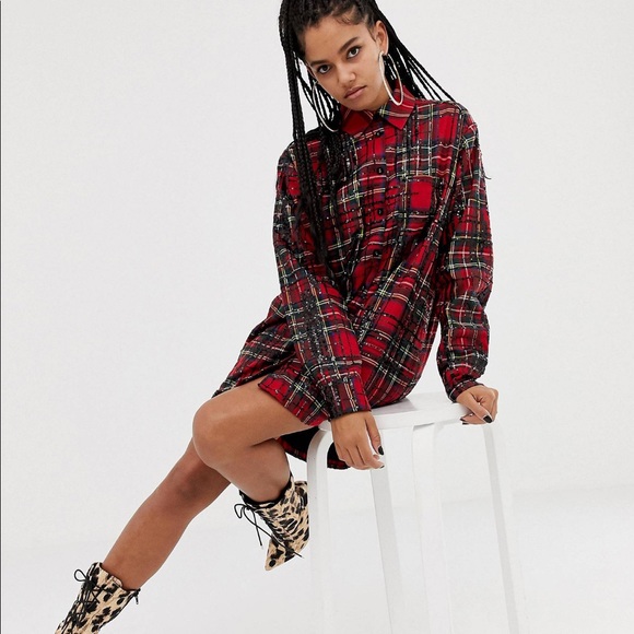 ASOS Dresses & Skirts - ASOS Red Plaid Sequin Shirt Dress